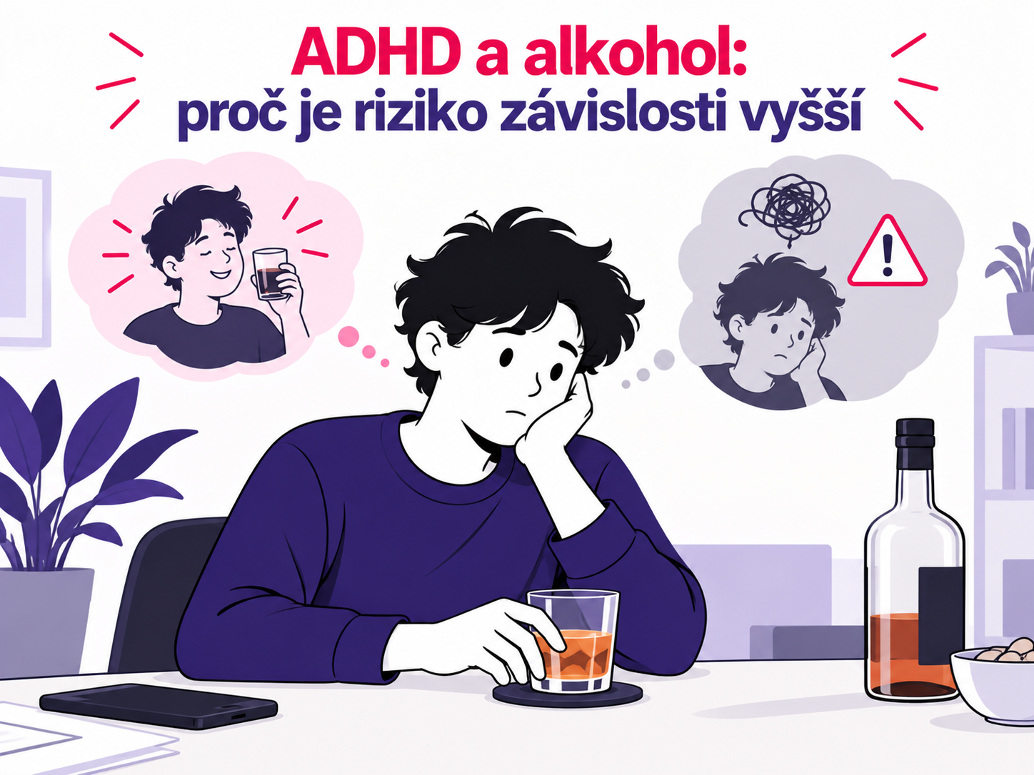 Ilustrace postavy zvažující vztah mezi ADHD a zvýšeným rizikem závislosti na alkoholu