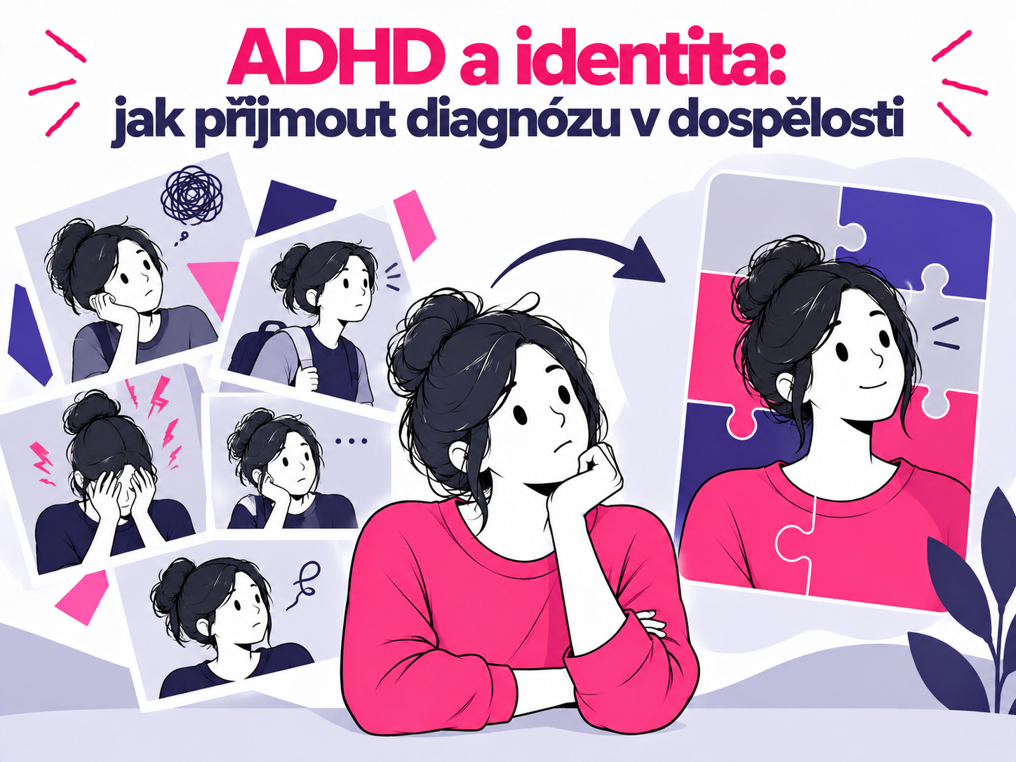 Ilustrace dospělého člověka skládajícího zkušenosti z minulosti po diagnóze ADHD