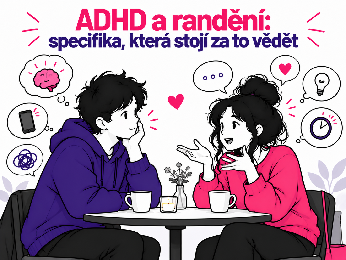 Ilustrace dvou lidí na rande symbolizující specifika seznamování s ADHD