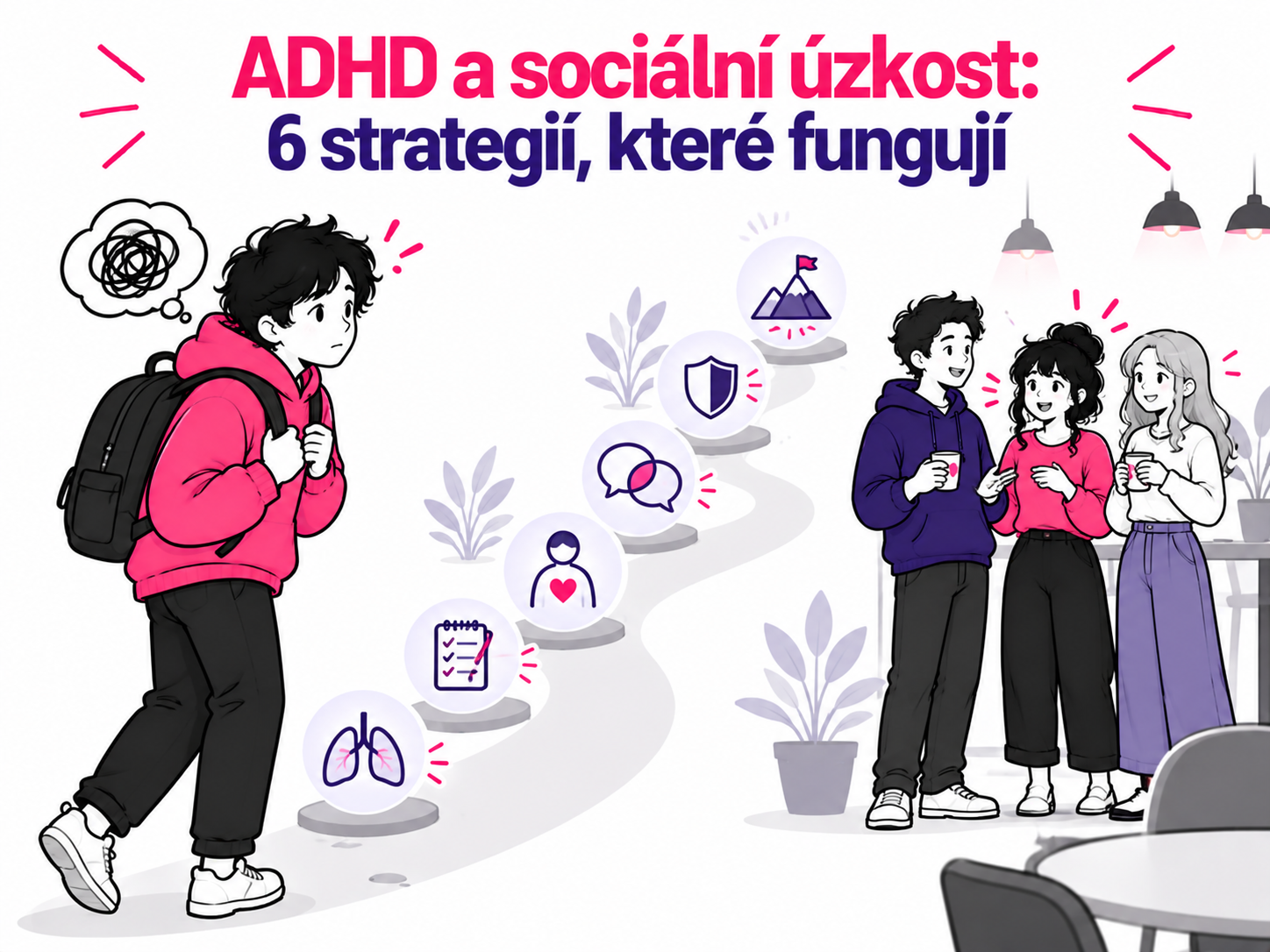 Ilustrace člověka s ADHD překonávajícího sociální úzkost pomocí praktických strategií