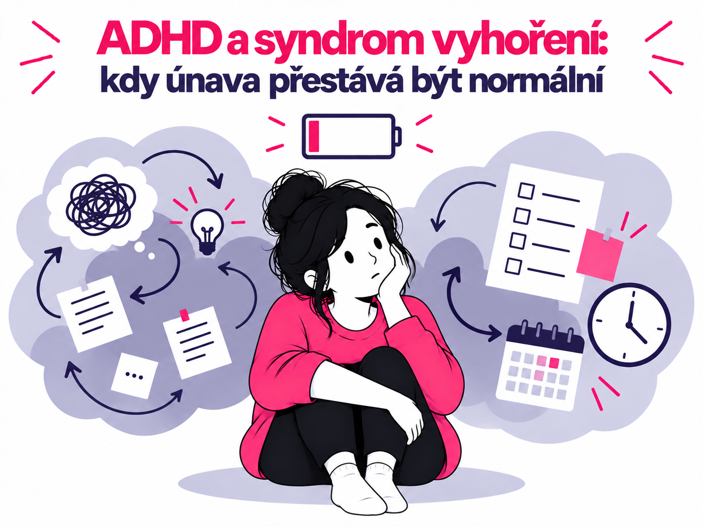 Ilustrace vyčerpaného člověka symbolizující syndrom vyhoření a dlouhodobou únavu při ADHD