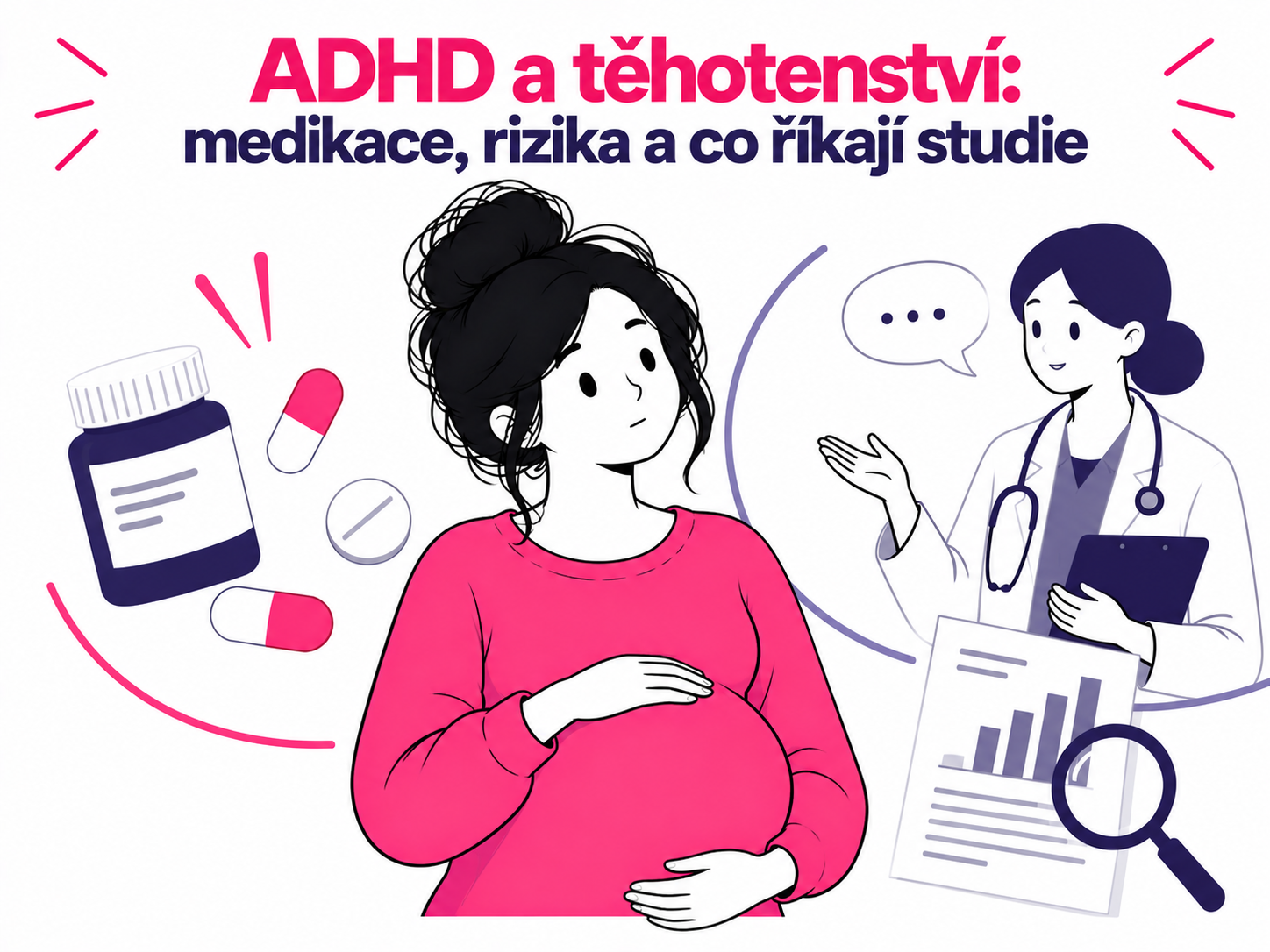 Ilustrace těhotné ženy a tématu medikace a rizik ADHD během těhotenství