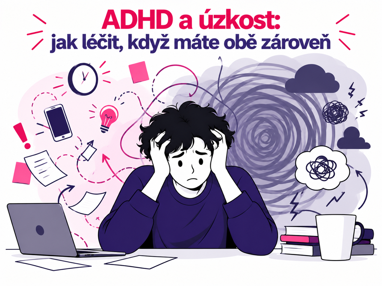Ilustrace souběhu ADHD a úzkosti prostřednictvím rozptýlené pozornosti a napětí