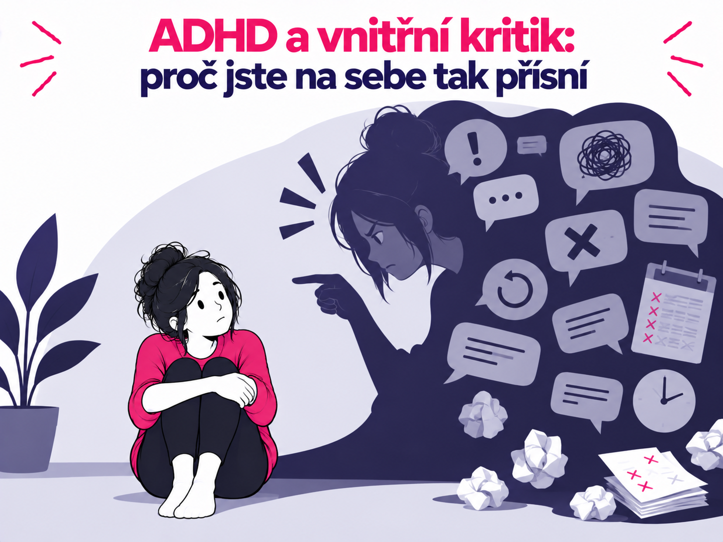 Ilustrace člověka čelícího vlastnímu vnitřnímu kritikovi a negativním myšlenkám při ADHD