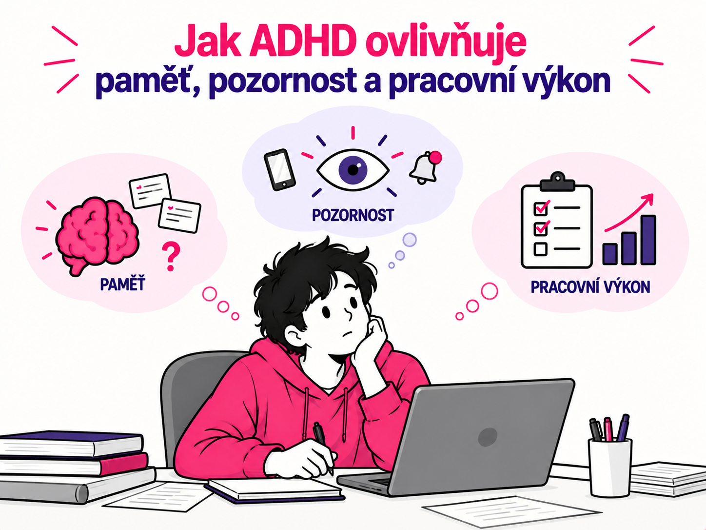 Ilustrace vlivu ADHD na paměť, pozornost a pracovní výkon