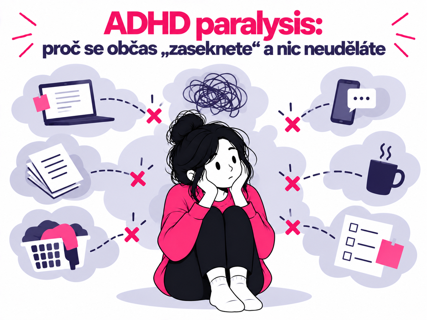 Ilustrace člověka neschopného začít úkol symbolizující ADHD paralysis