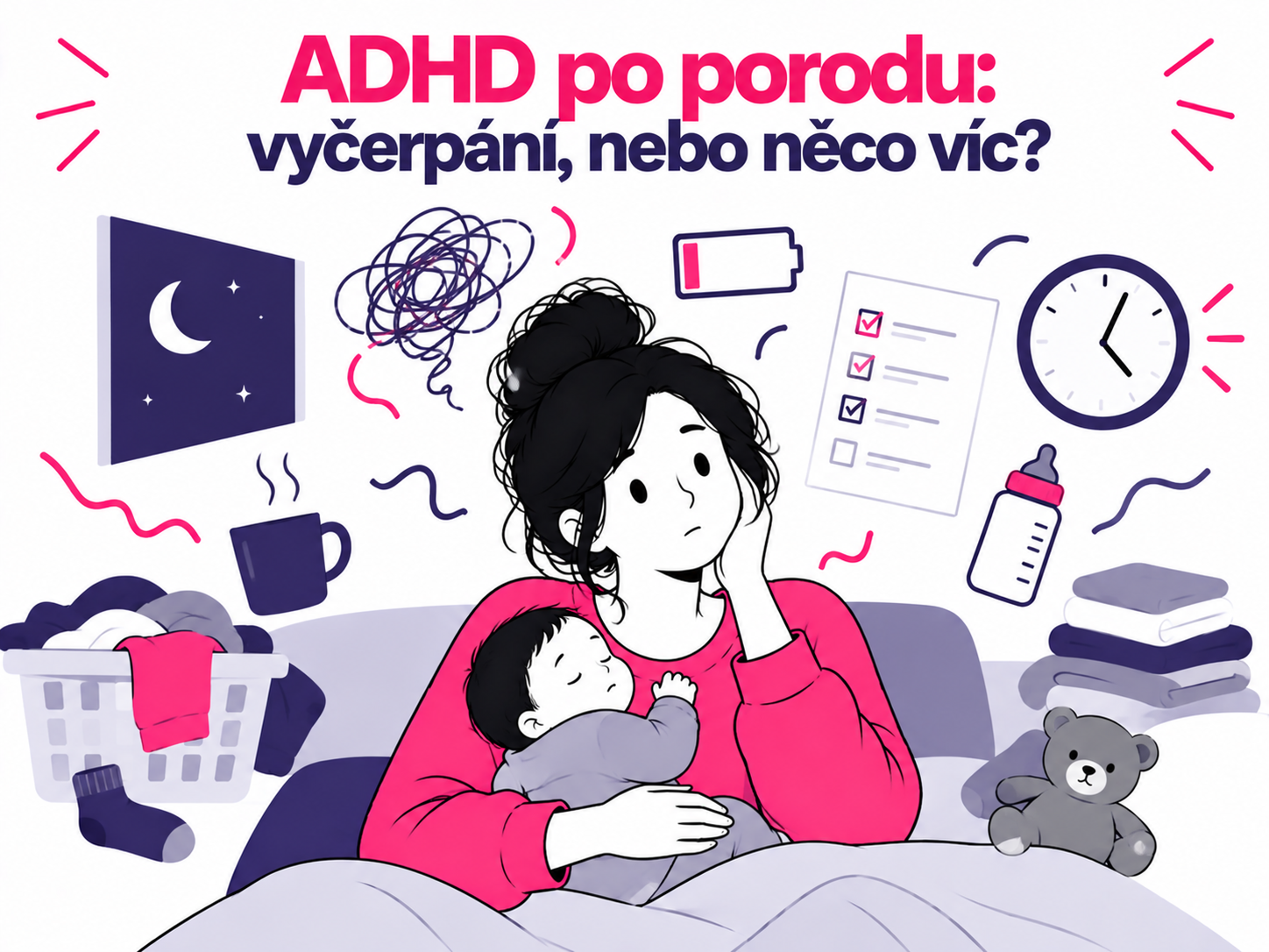 Ilustrace matky s dítětem, únavy a zhoršených příznaků ADHD po porodu