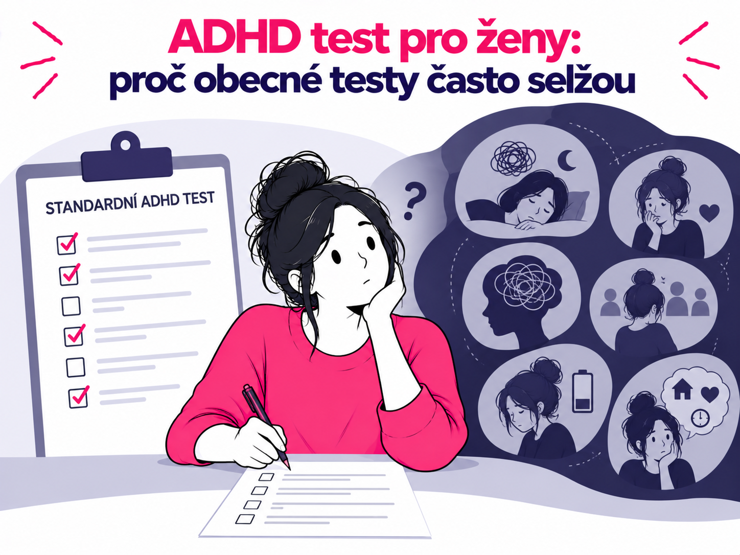 Ilustrace ženy vyplňující ADHD test, který nemusí zachytit některé typické projevy ADHD u žen