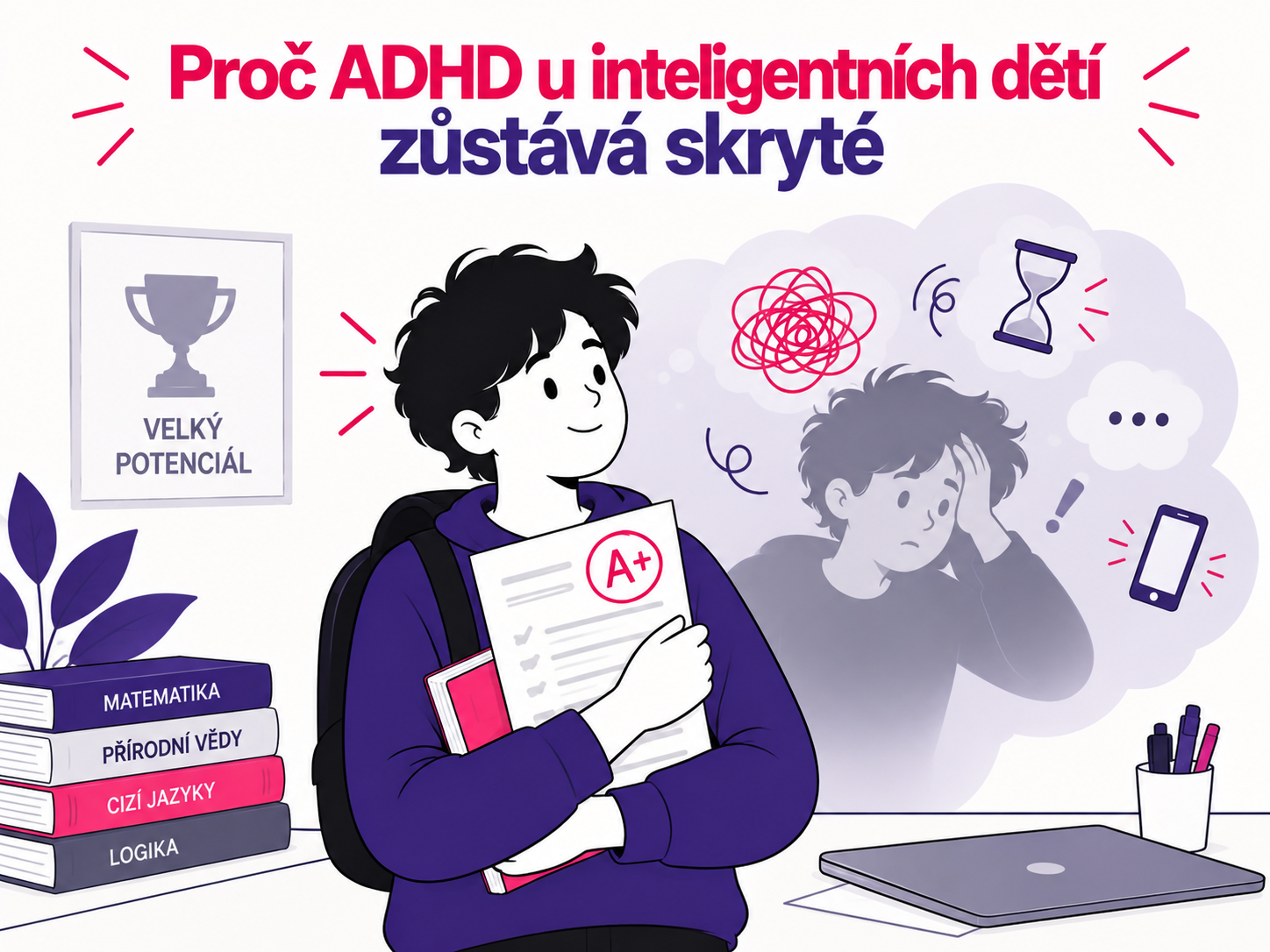 Ilustrace úspěšného dítěte se skrytými projevy ADHD a mentálním přetížením