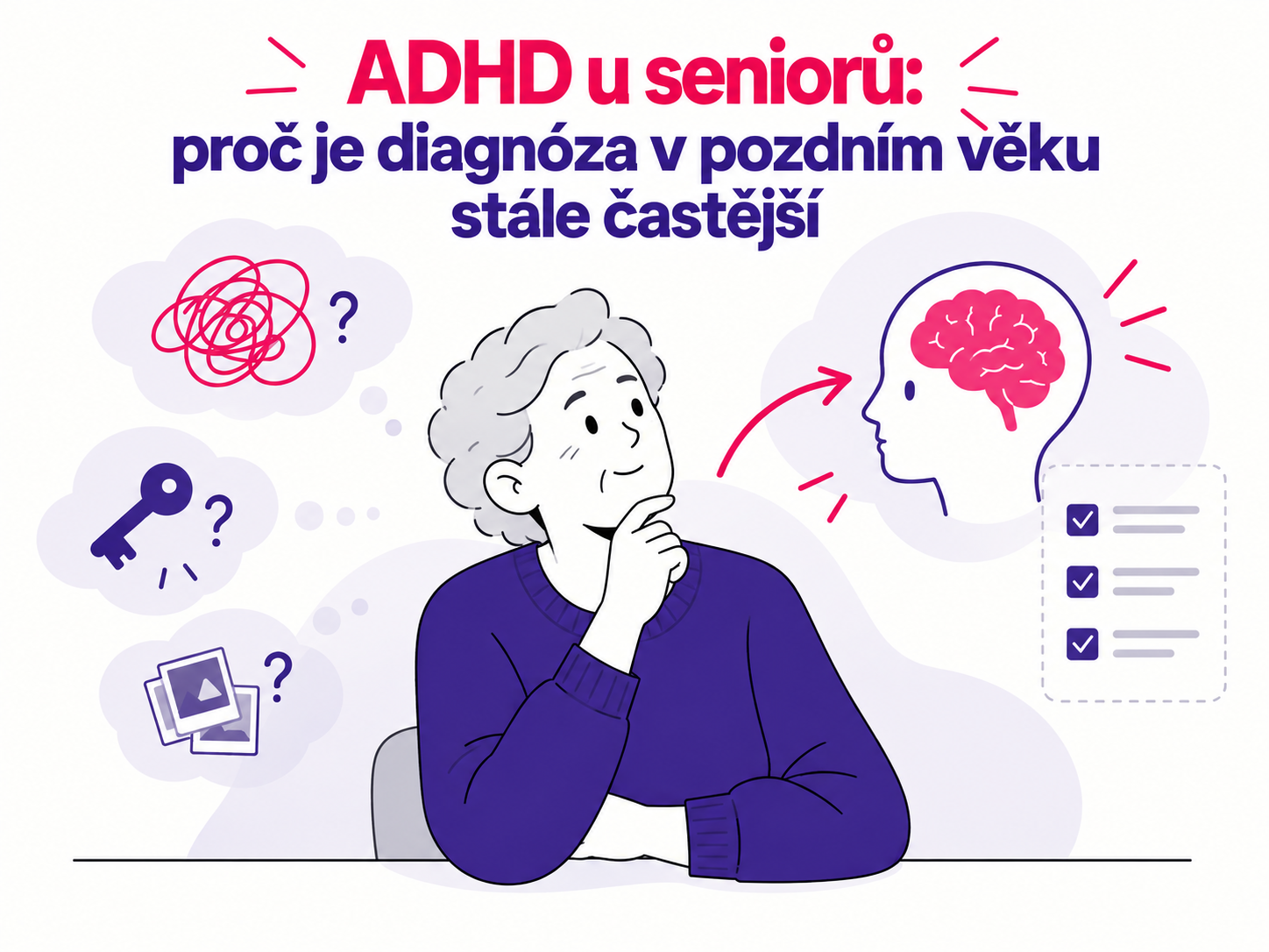 Ilustrace seniora a příznaků pozornosti souvisejících s pozdní diagnózou ADHD