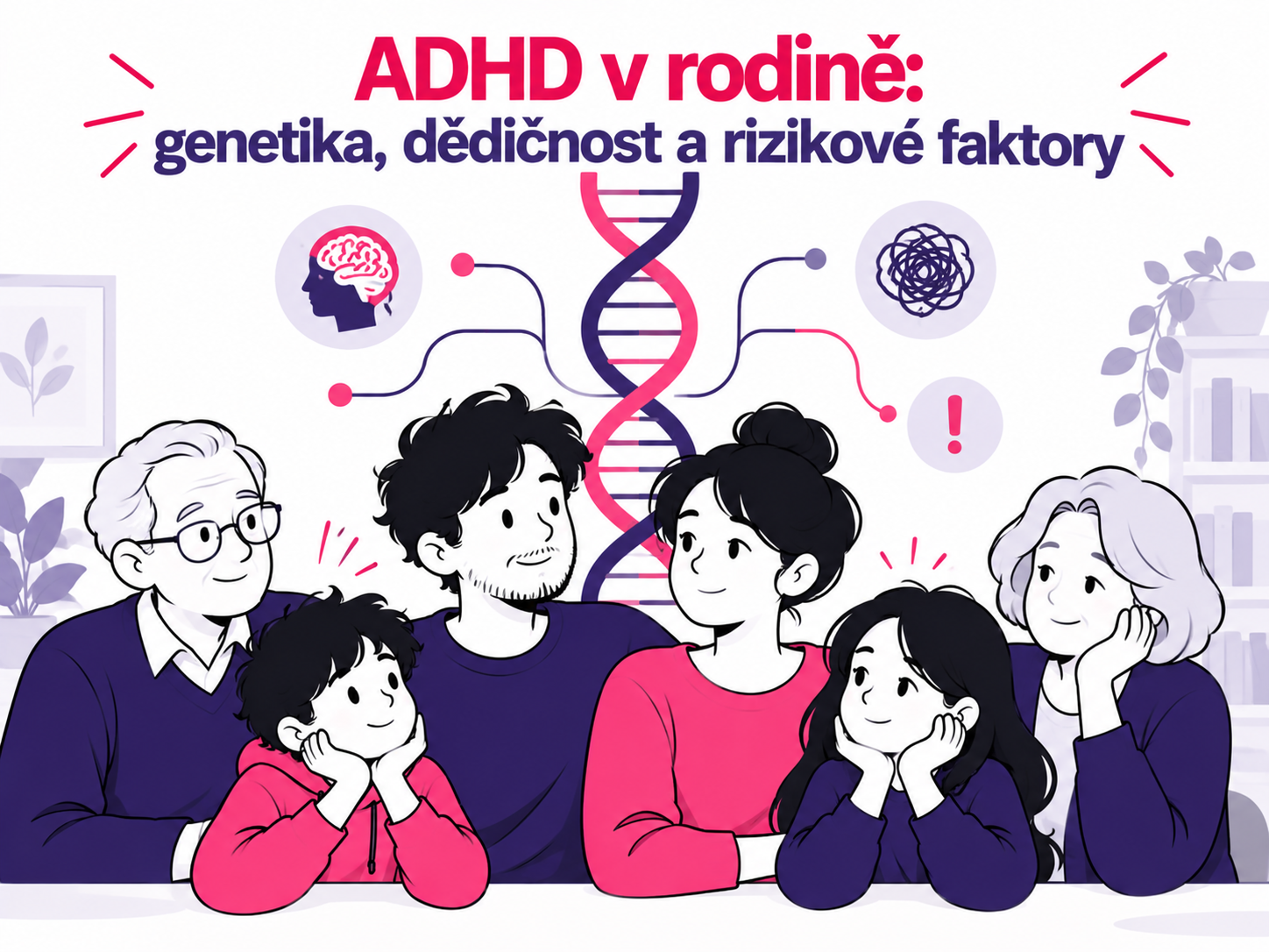 Ilustrace několika generací rodiny propojených symbolem genetiky a dědičnosti ADHD