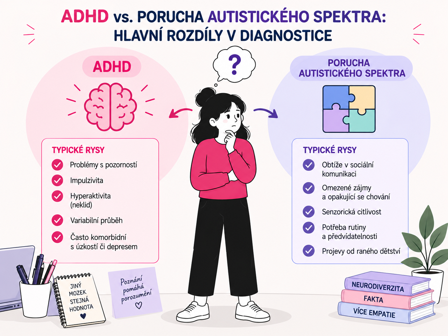 Ilustrace postavy porovnávající rozdíly mezi ADHD a poruchou autistického spektra
