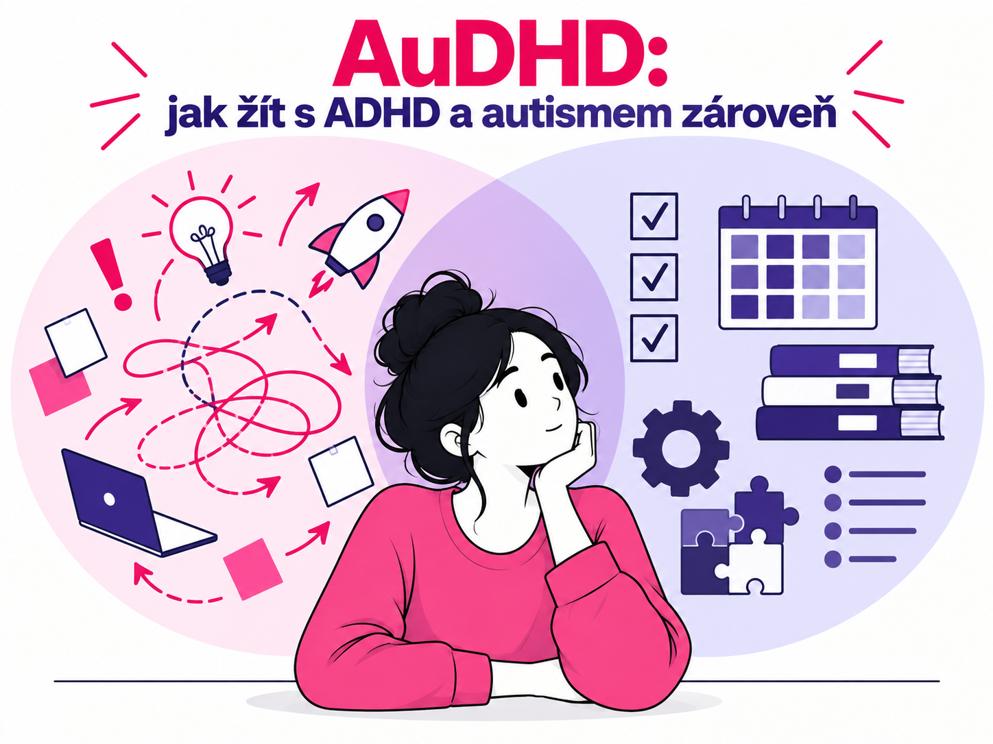 Ilustrace překrývajících se charakteristik ADHD a autismu u člověka s AuDHD