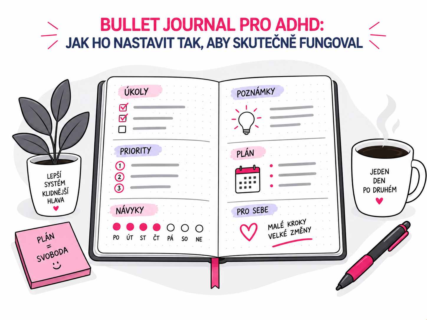 Ilustrace otevřeného bullet journalu s přehlednými úkoly a poznámkami pro organizaci při ADHD