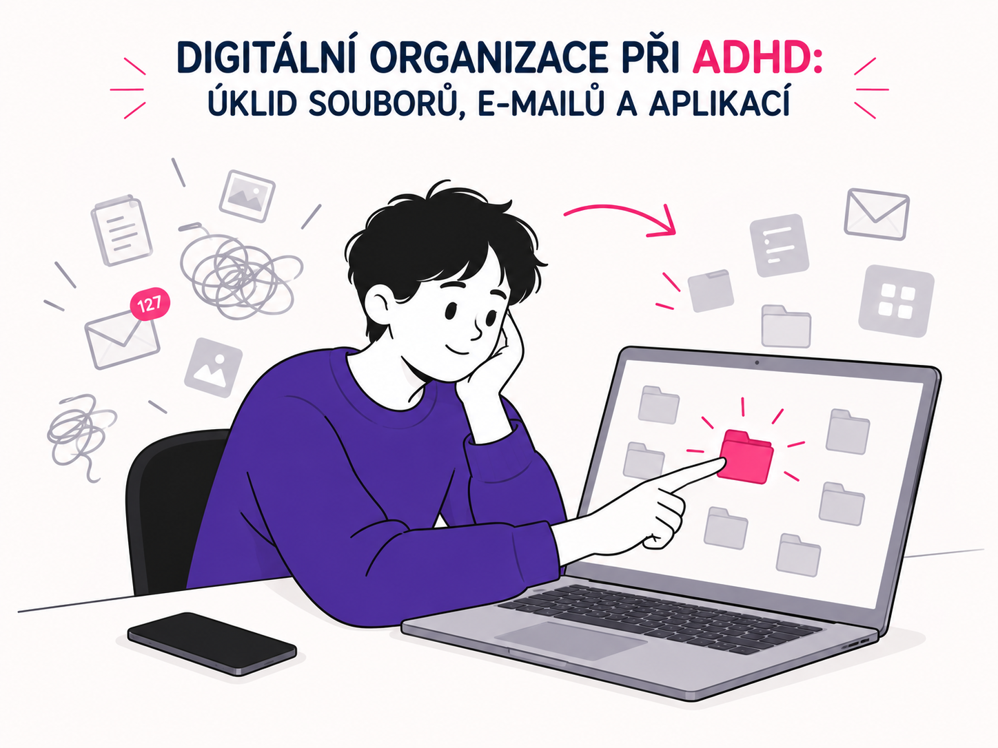 Ilustrace postavy třídící digitální soubory a aplikace jako součást organizace při ADHD