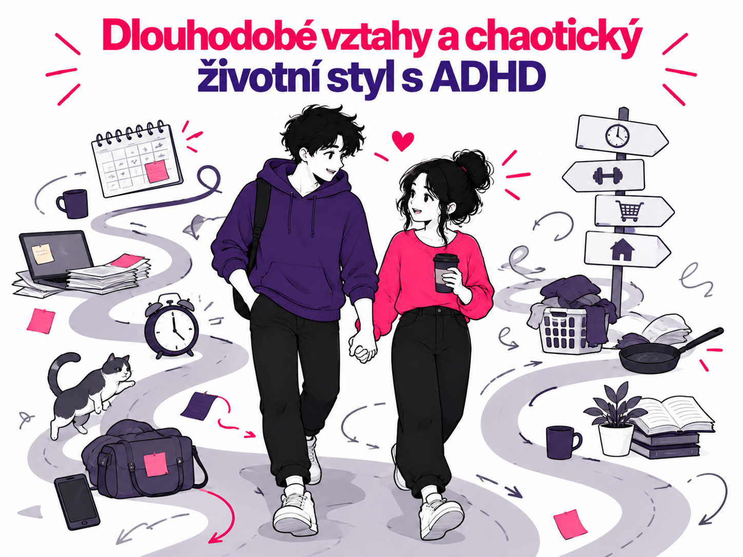 Ilustrace partnerského páru procházejícího chaotickým každodenním životem s ADHD