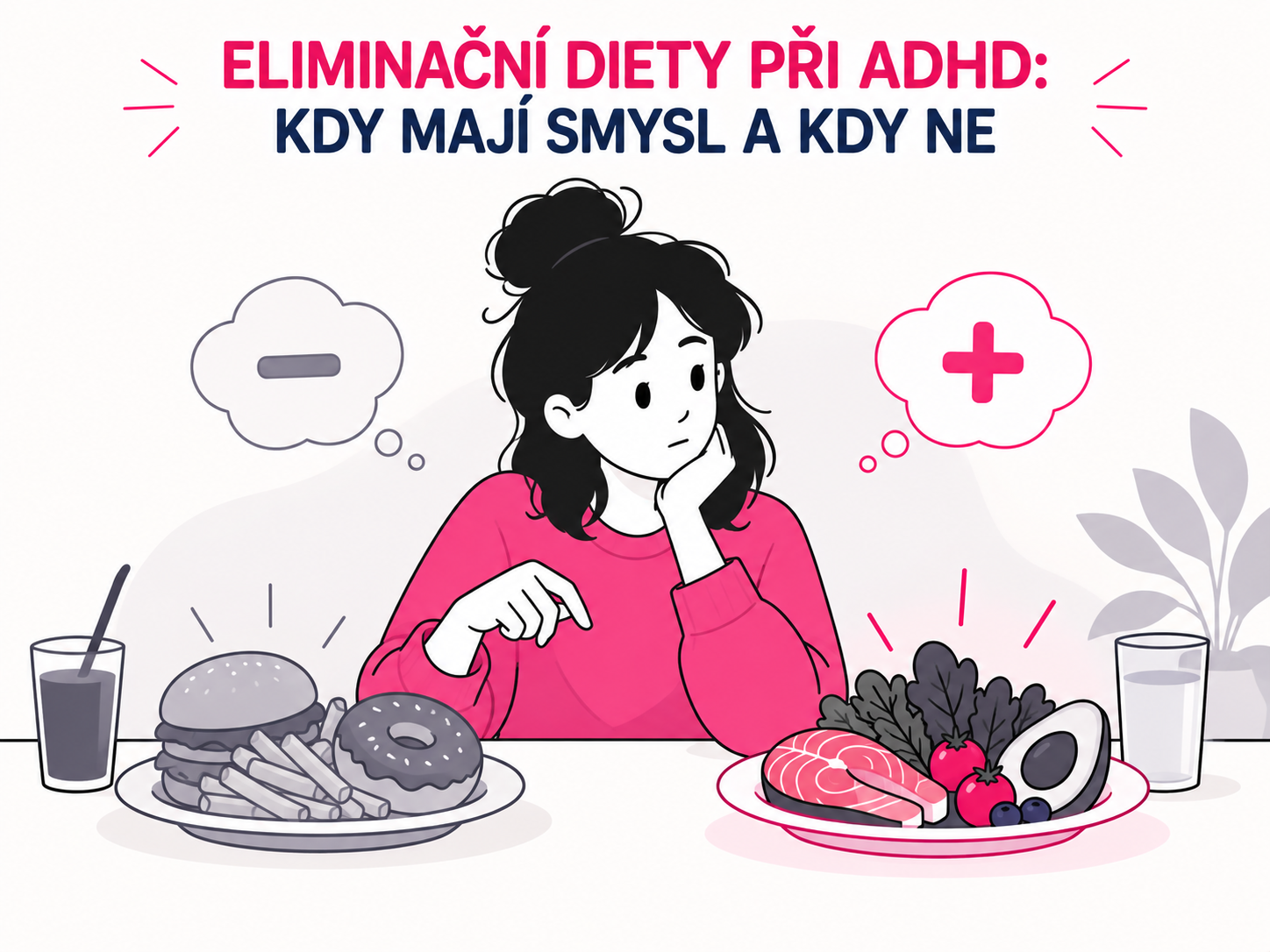 Ilustrace postavy zvažující, zda má eliminační dieta při ADHD smysl