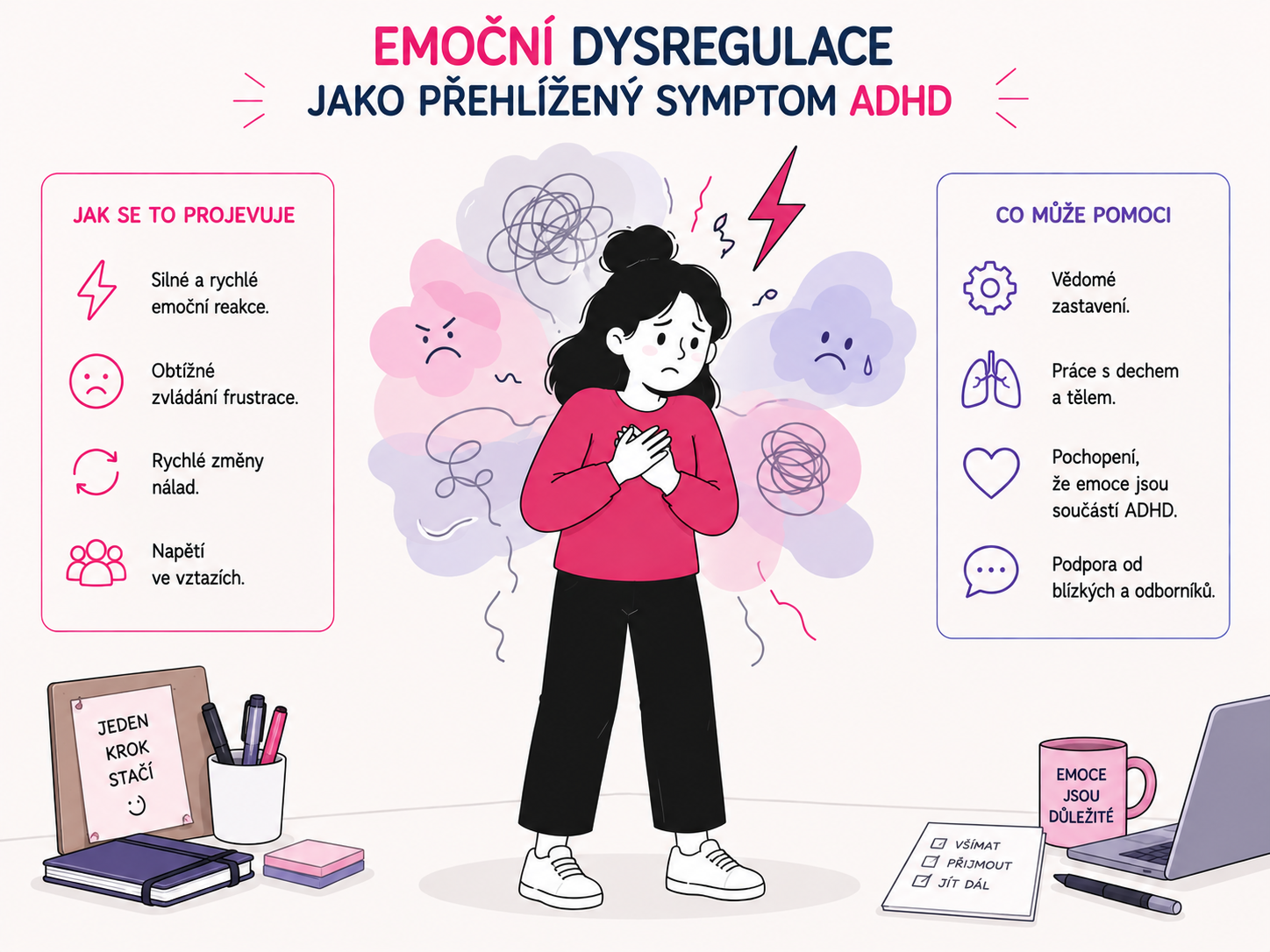 Ilustrace postavy prožívající emoční dysregulaci jako přehlížený symptom ADHD