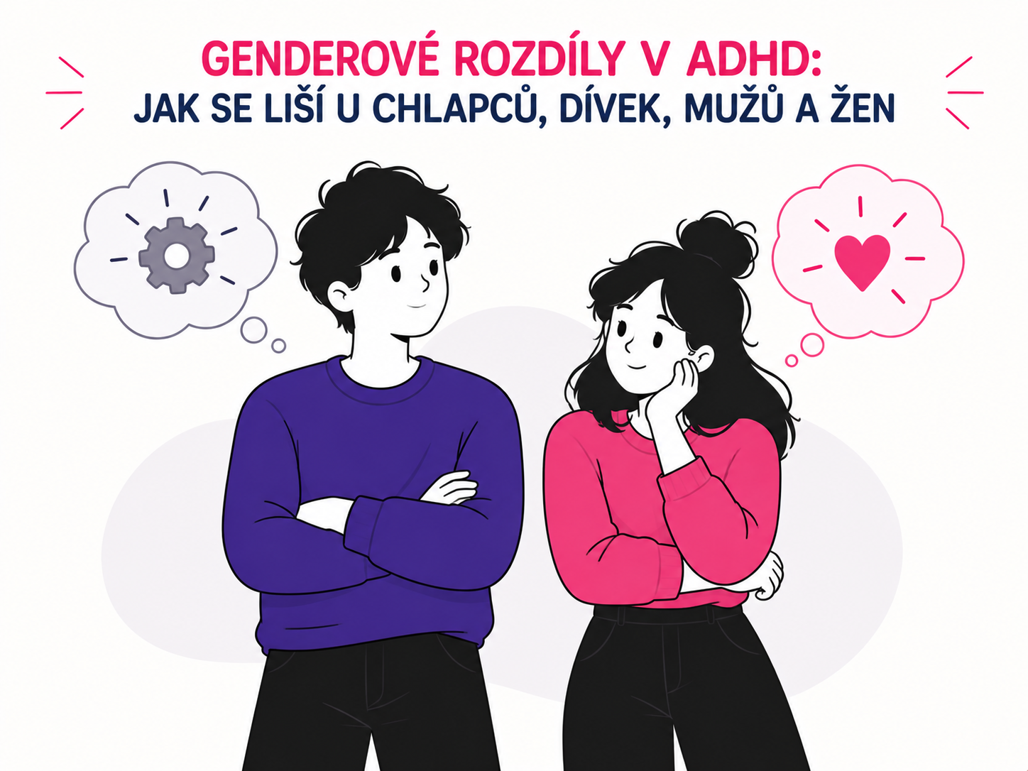 Ilustrace dvou odlišných postav symbolizujících genderové rozdíly v projevech ADHD