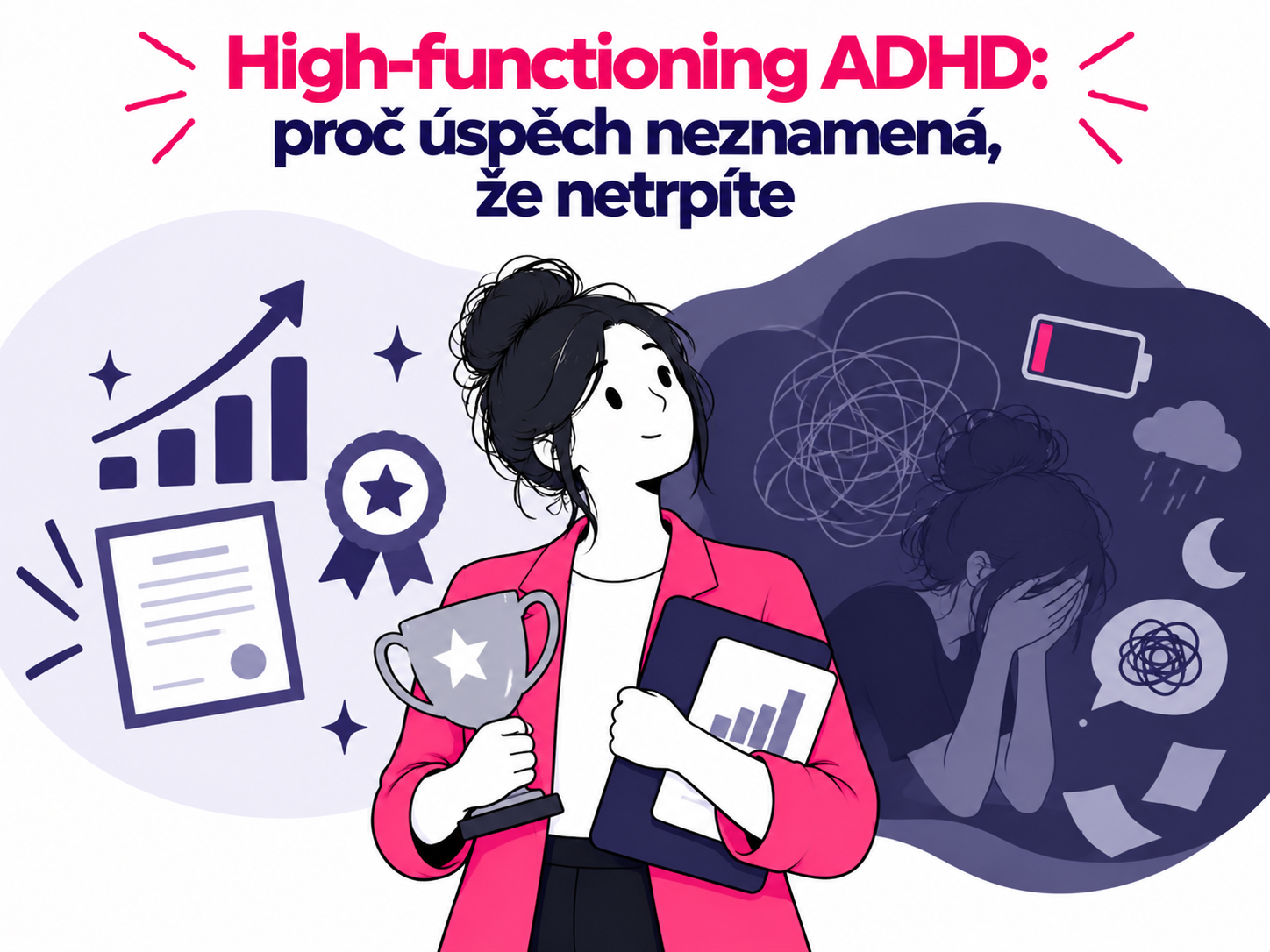 Ilustrace úspěšného člověka se skrytým vyčerpáním a chaosem spojeným s high-functioning ADHD