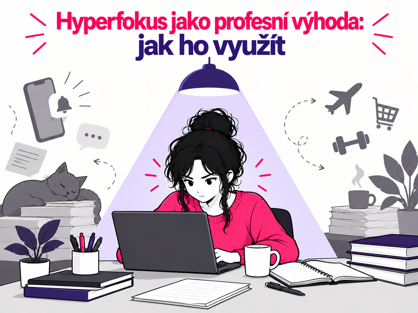 Ilustrace intenzivně soustředěného člověka využívajícího hyperfokus při práci