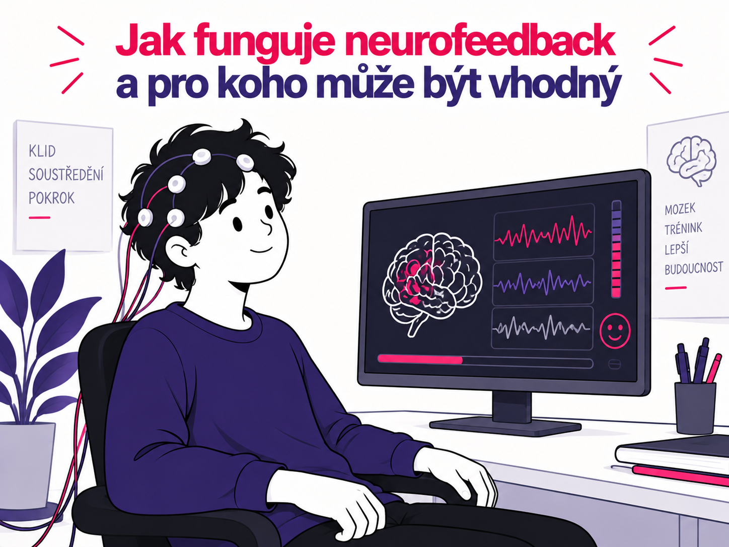 Ilustrace člověka při neurofeedbacku s EEG senzory a zobrazením mozkových vln