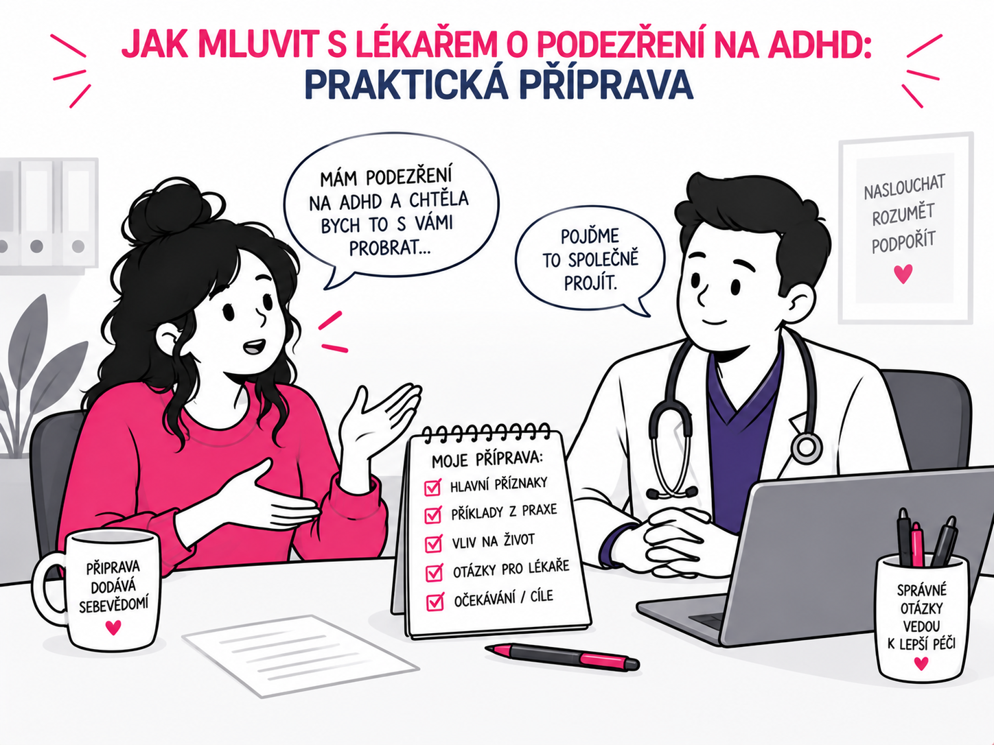 Ilustrace rozhovoru pacienta s lékařem o podezření na ADHD a přípravě na konzultaci