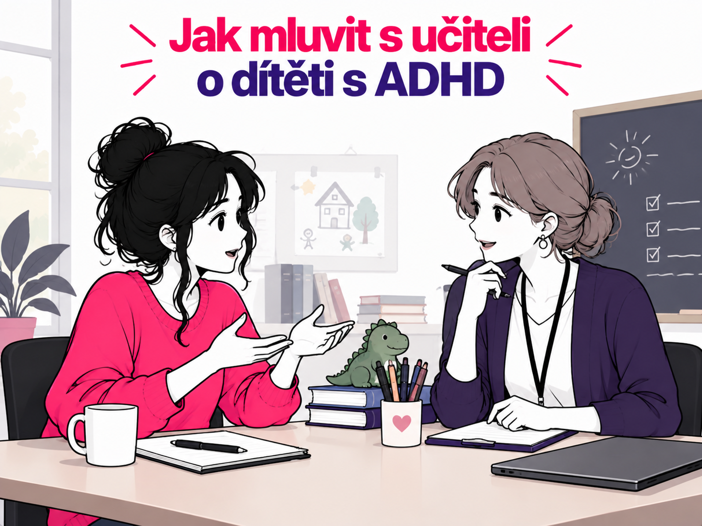 Ilustrace rozhovoru rodiče s učitelem o potřebách dítěte s ADHD