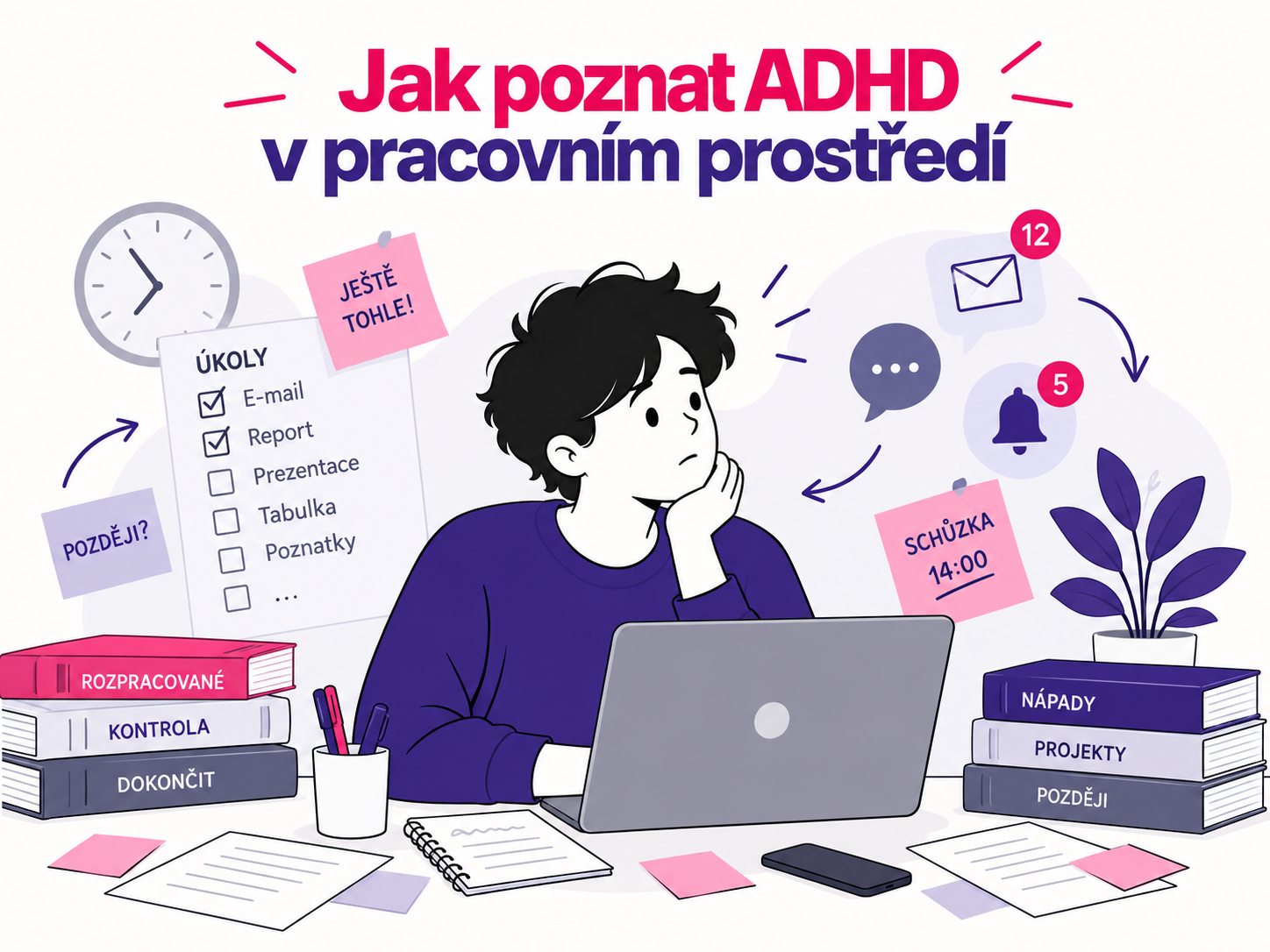 Ilustrace člověka s ADHD v pracovním prostředí mezi úkoly, termíny a rozptýlením