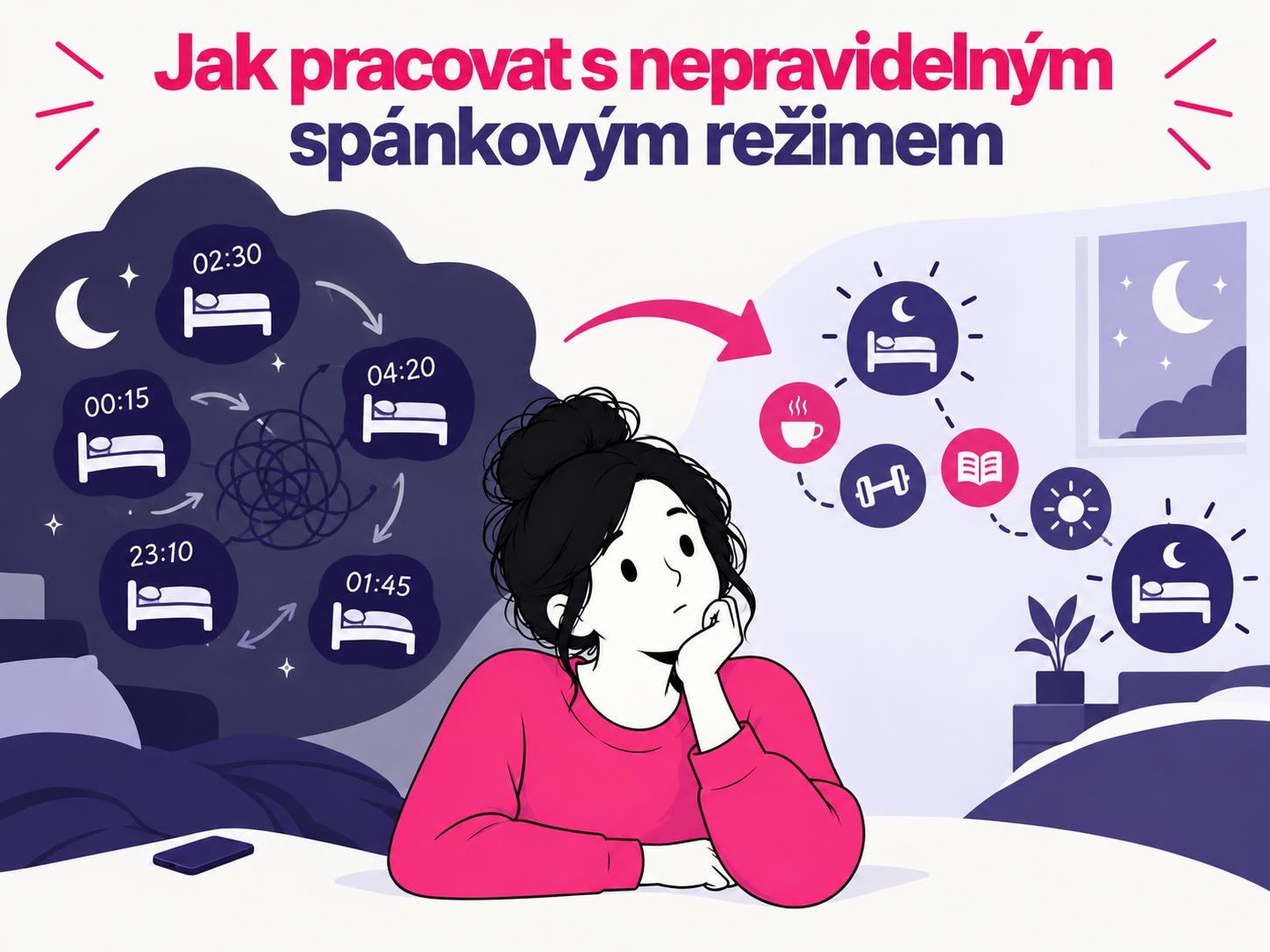 Ilustrace nepravidelných časů spánku a postupného vytváření stabilnějšího spánkového režimu