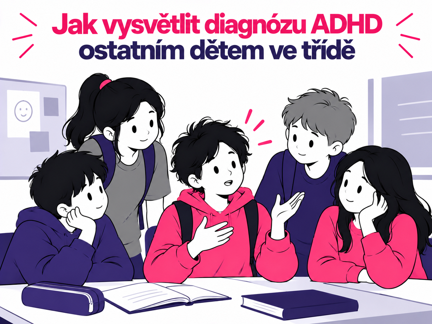 Ilustrace skupiny školních dětí symbolizující citlivé vysvětlení ADHD spolužákům