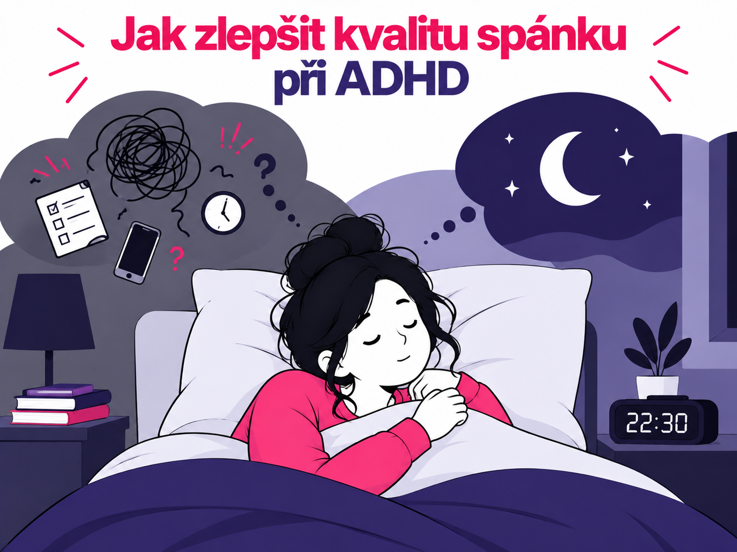 Ilustrace klidného spánku a zklidnění večerních myšlenek u člověka s ADHD