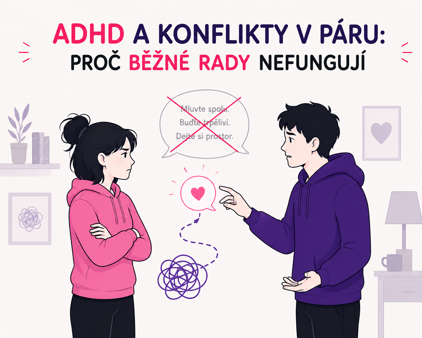 Ilustrace dvou postav hledajících funkční způsob řešení konfliktu namísto obvyklých rad