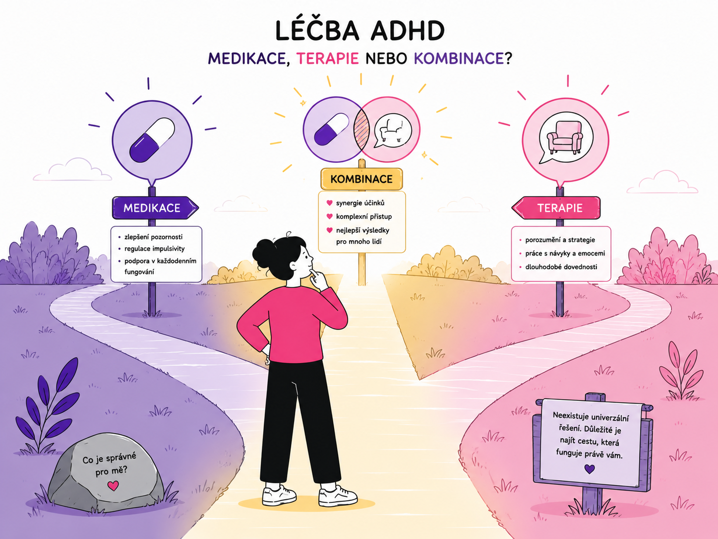 Ilustrace postavy na rozcestí mezi medikací, terapií a jejich kombinací jako léčby ADHD