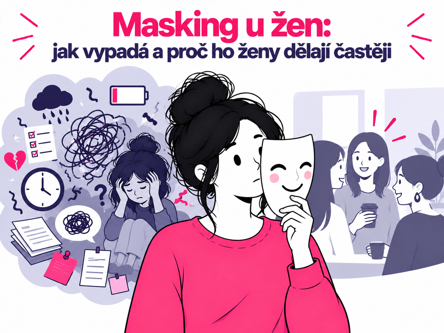 Ilustrace ženy se společenskou maskou symbolizující skrývání příznaků ADHD