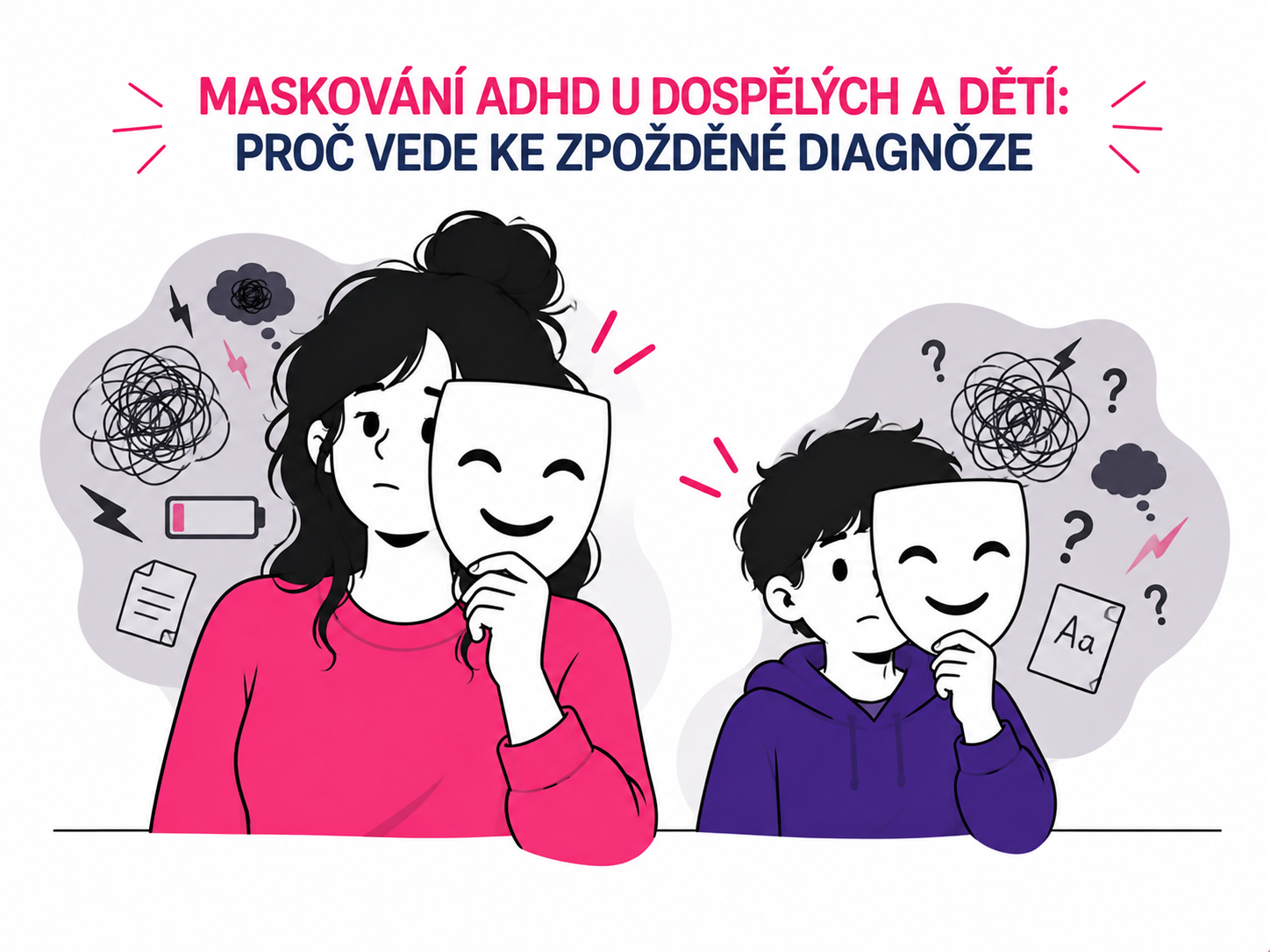 Ilustrace dospělého a dítěte s maskami symbolizujícími skrývání příznaků ADHD