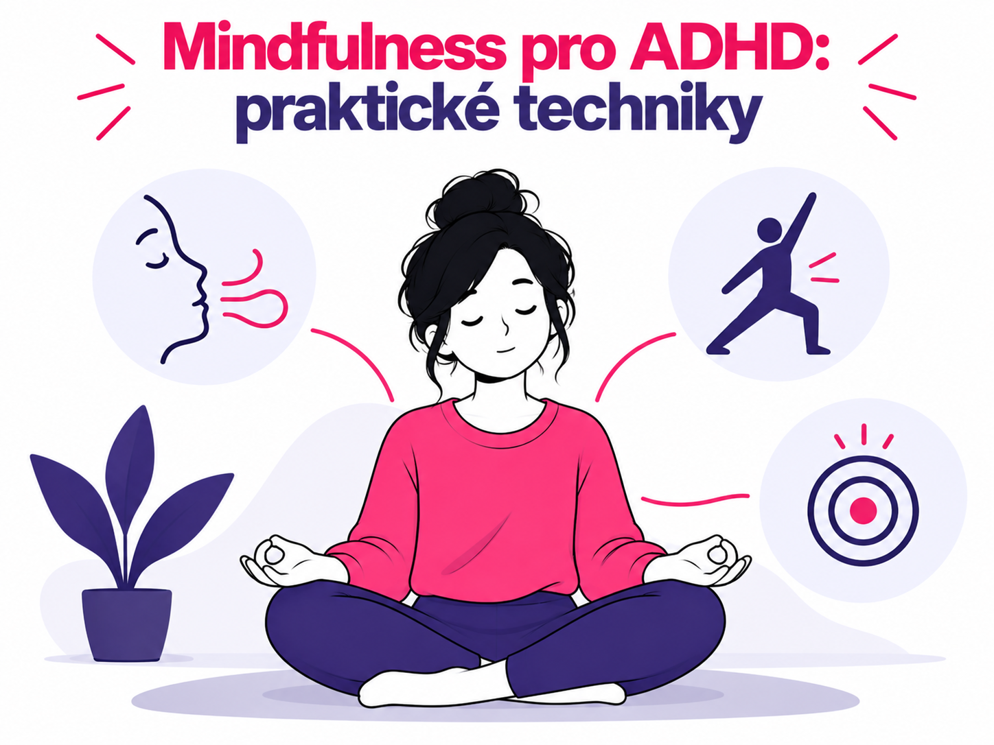 Ilustrace praktických technik mindfulness zaměřených na dýchání, pohyb a pozornost při ADHD