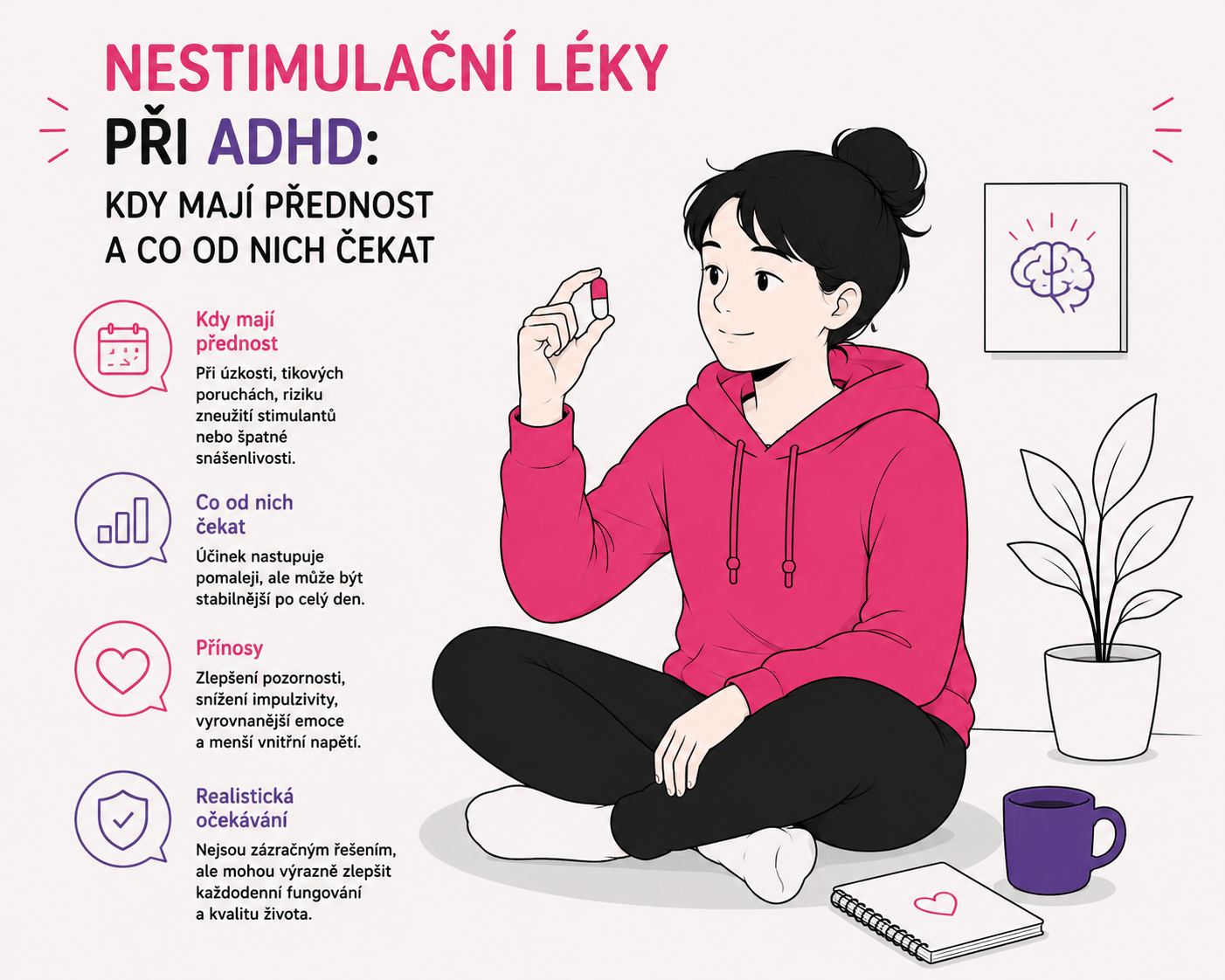 Ilustrace klidně sedící postavy s lékem jako symbol nestimulační léčby ADHD