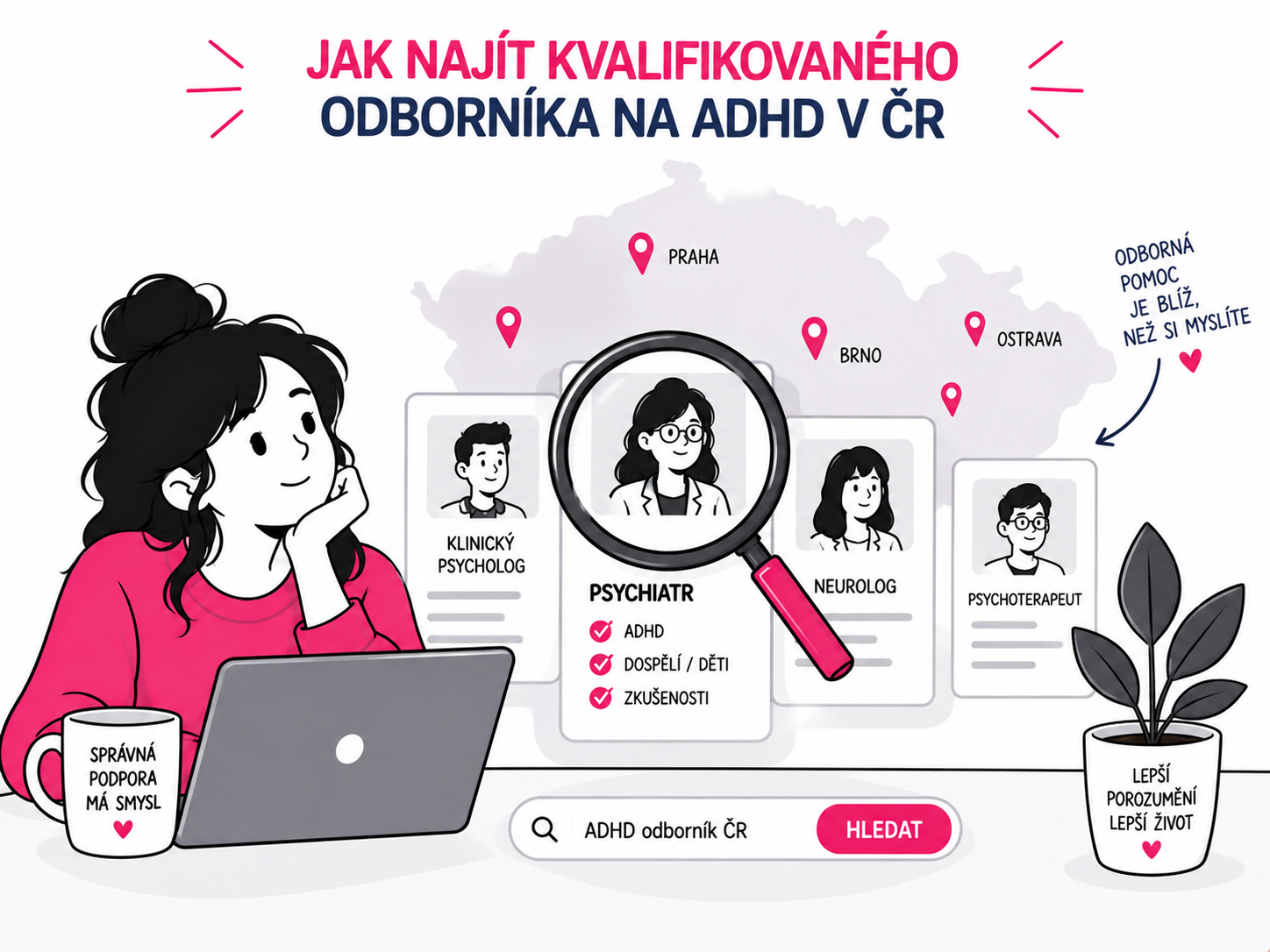 Ilustrace hledání kvalifikovaného odborníka na diagnostiku a léčbu ADHD v České republice