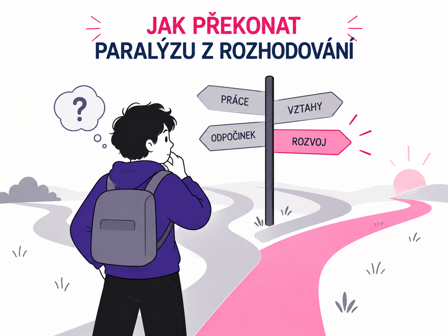 Ilustrace člověka stojícího před několika možnostmi symbolizující paralýzu z rozhodování při ADHD