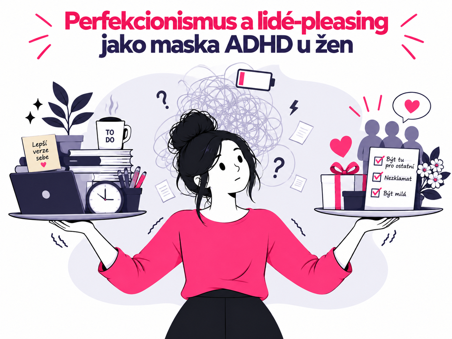Ilustrace ženy skrývající ADHD prostřednictvím perfekcionismu a snahy vyhovět ostatním