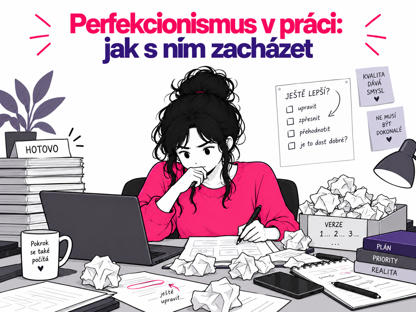 Ilustrace člověka opakovaně upravujícího pracovní úkol symbolizující perfekcionismus při ADHD