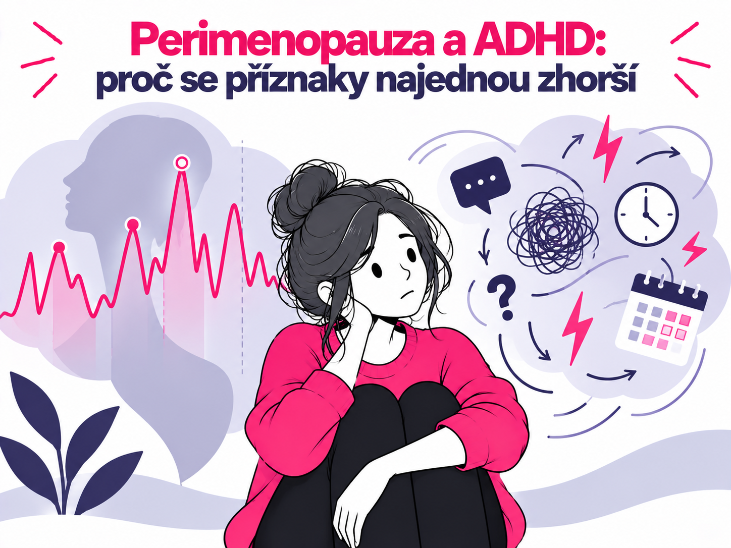 Ilustrace hormonálních výkyvů v perimenopauze a jejich vlivu na příznaky ADHD