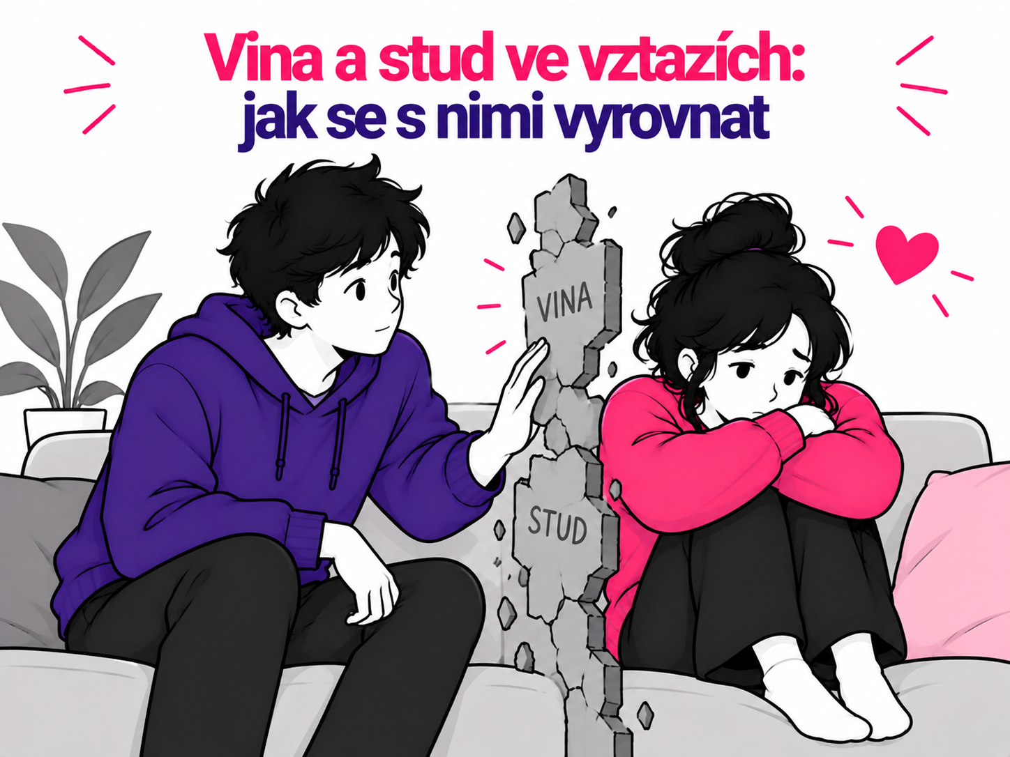 Ilustrace pocitů viny a studu a jejich vlivu na partnerské vztahy