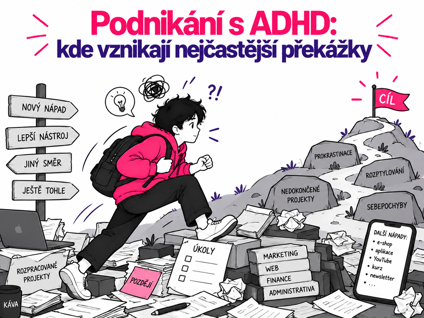 Ilustrace podnikatele s ADHD mezi úkoly, projekty a konkurenčními nápady