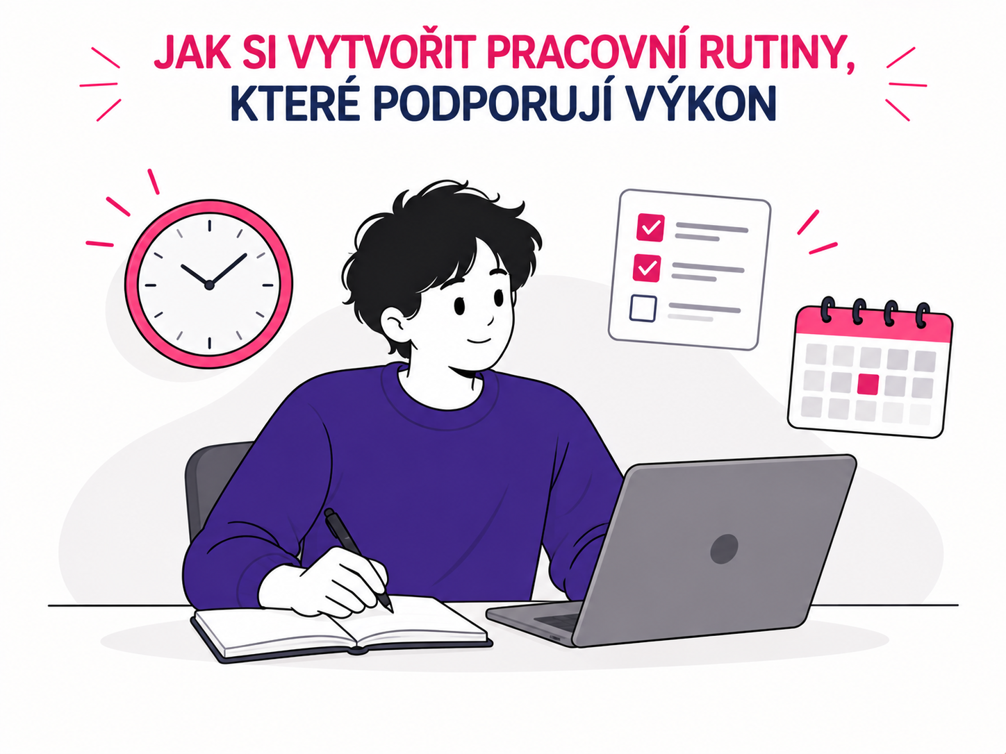 Ilustrace pracovního prostředí s hodinami, seznamem úkolů a kalendářem symbolizující efektivní rutiny při ADHD