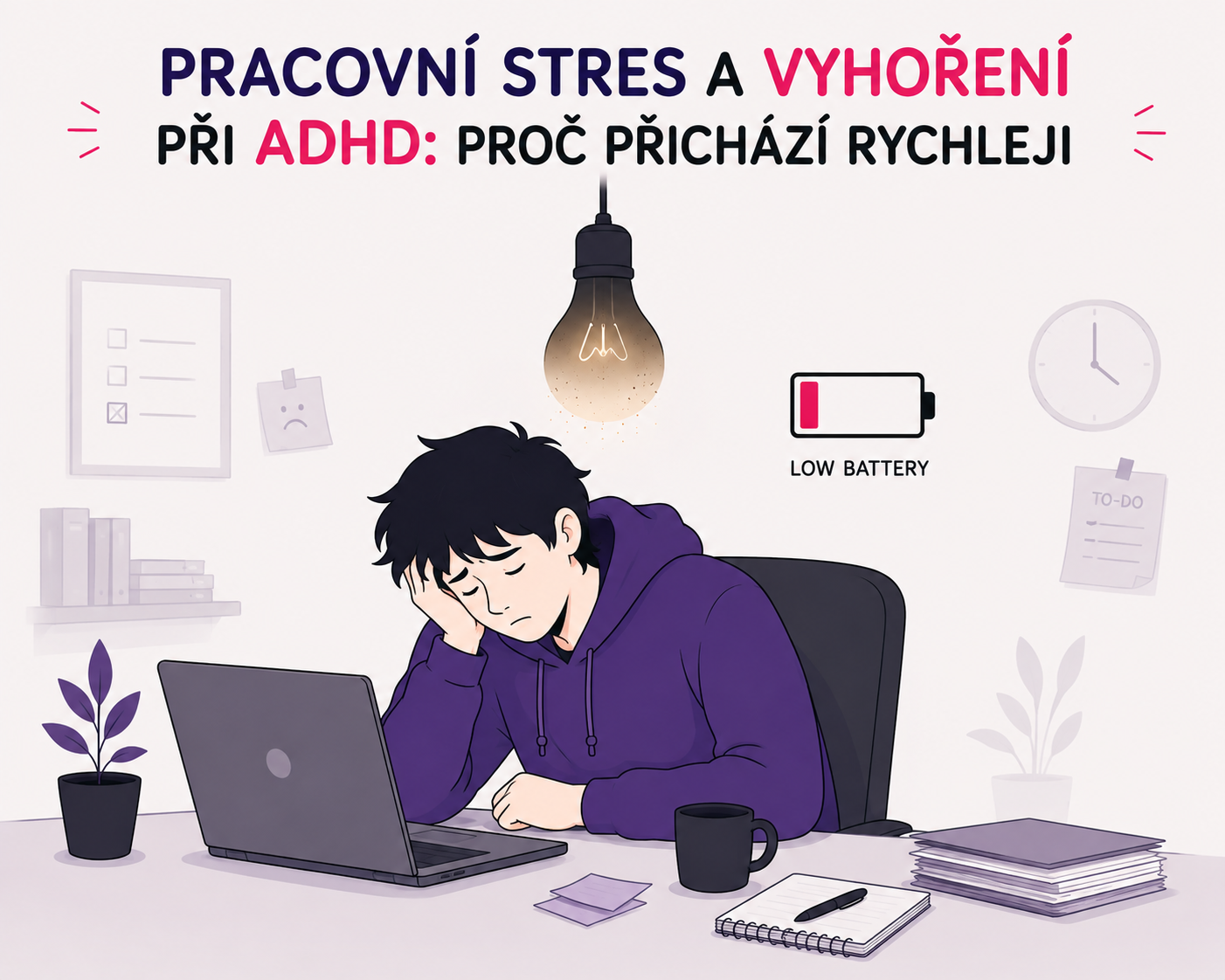 Ilustrace unavené postavy u stolu symbolizující rychlejší nástup vyhoření při ADHD