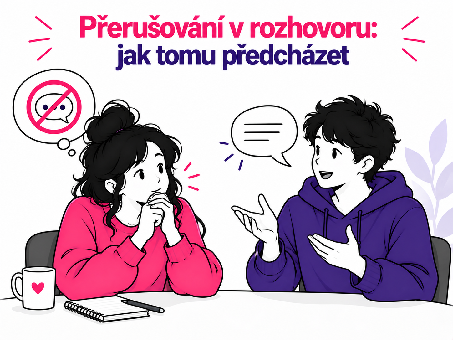 Ilustrace dvou lidí při rozhovoru symbolizující zvládání přerušování při ADHD