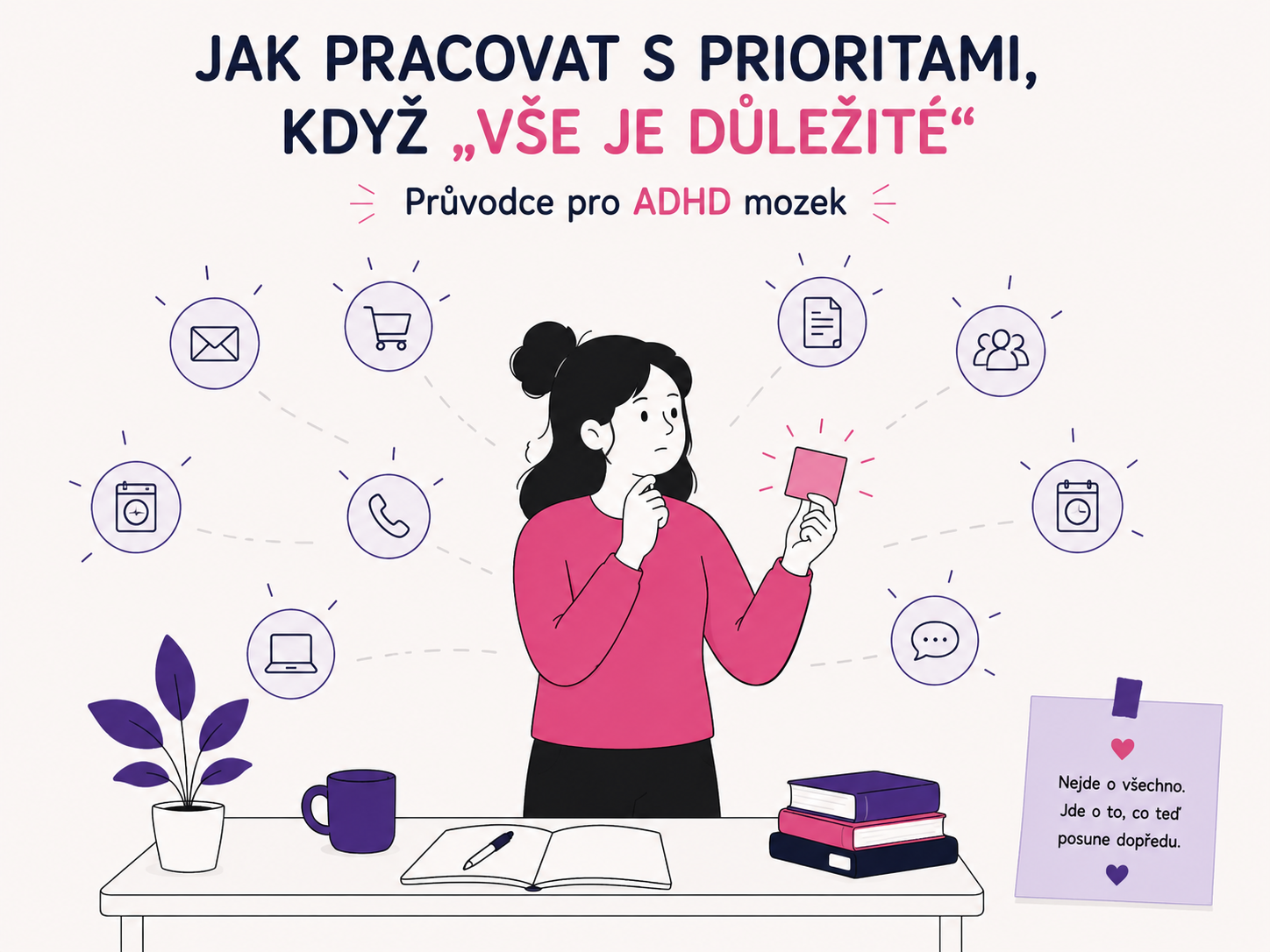 Ilustrace postavy vybírající jednu prioritu z několika stejně naléhavých úkolů