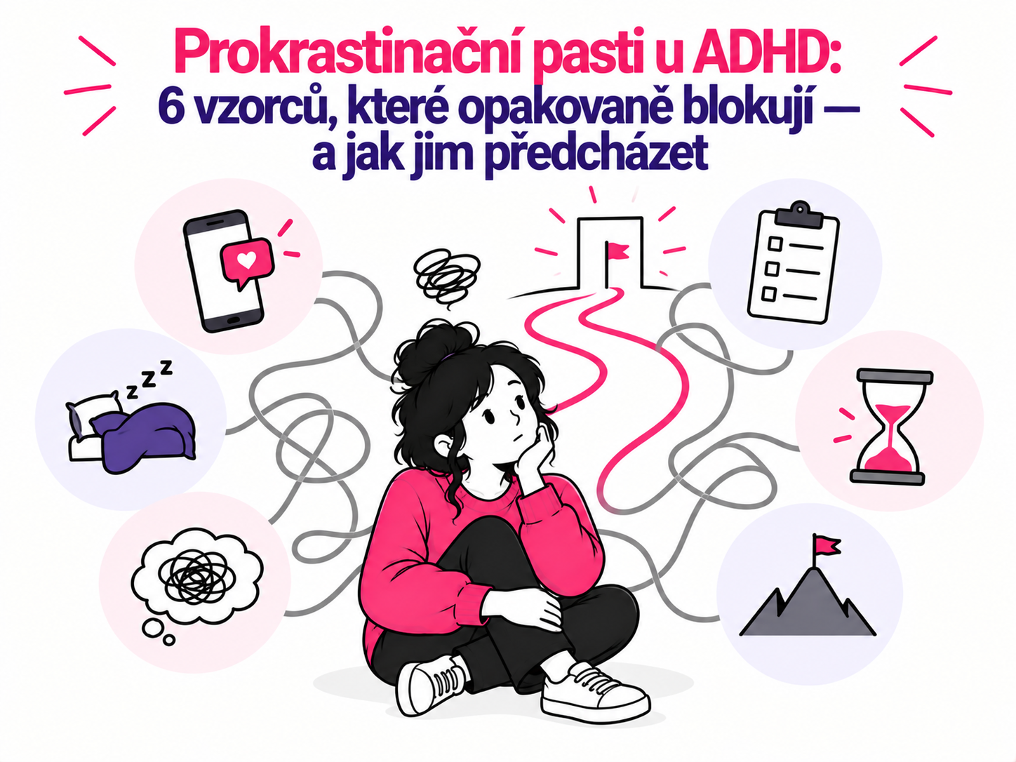 Ilustrace šesti opakujících se vzorců prokrastinace, které mohou blokovat lidi s ADHD